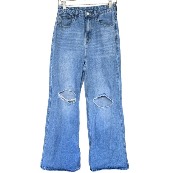 Shein Jeans Womens Size Medium Blue Wide Leg Busted Knee High Waisted Distressed - Picture 1 of 11
